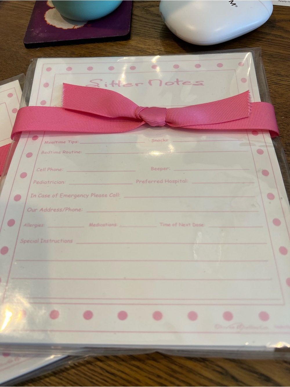 Pink Sitter Notes Notepad, Envelopes, and case with Ribbon